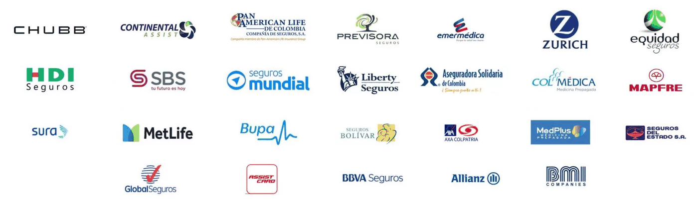 Chubb, Continental, Bolívar, Previsora, Zurich, Equidad, HDI, SBS, Mundial, Liberty, Colmédica, Mapfre, Sura, MetLife, Bupa, BBVA, Allianz y otras aseguradoras aliadas de Calma